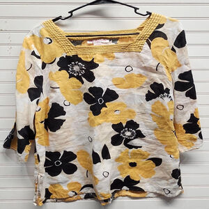 Women's Lily Stanhope Tunic 1X Yellow Black Floral Linen